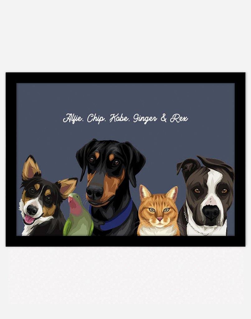 Custom Pet Portrait - Five Pet Portrait - A3 - Black Frame - Australia