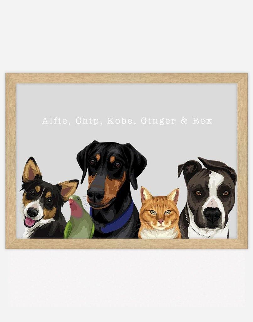 Custom Pet Portrait - Five Pet Portrait - A3 - Timber Frame - Australia