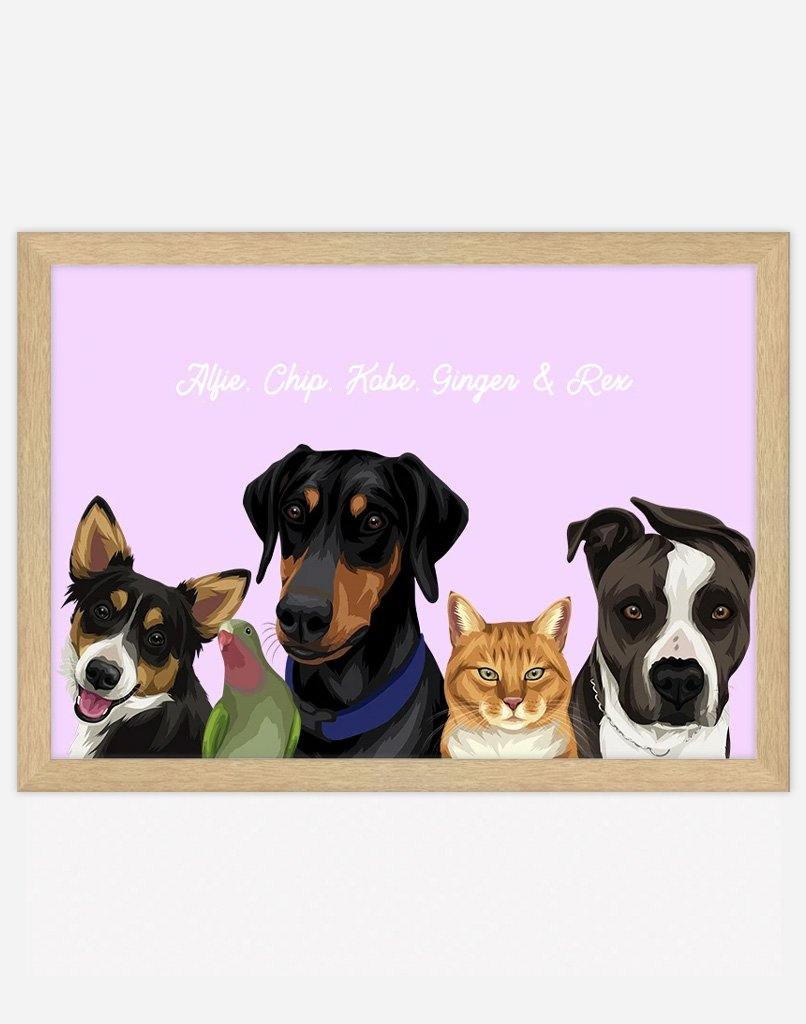 Custom Pet Portrait - Five Pet Portrait - A3 - Unframed - Australia