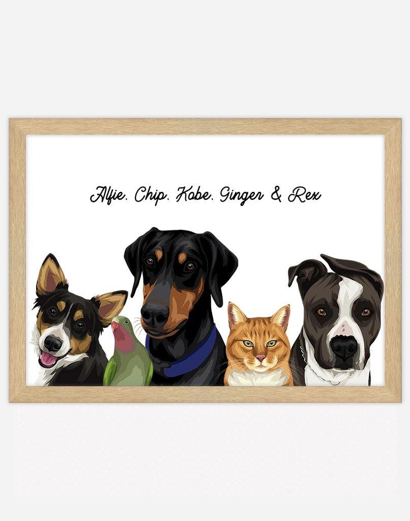 Custom Pet Portrait - Five Pet Portrait - A3 - Unframed - Australia