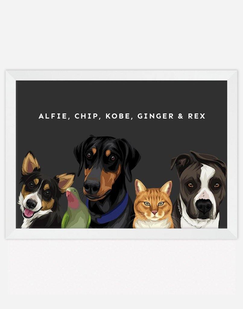 Custom Pet Portrait - Five Pet Portrait - A3 - Unframed - Australia