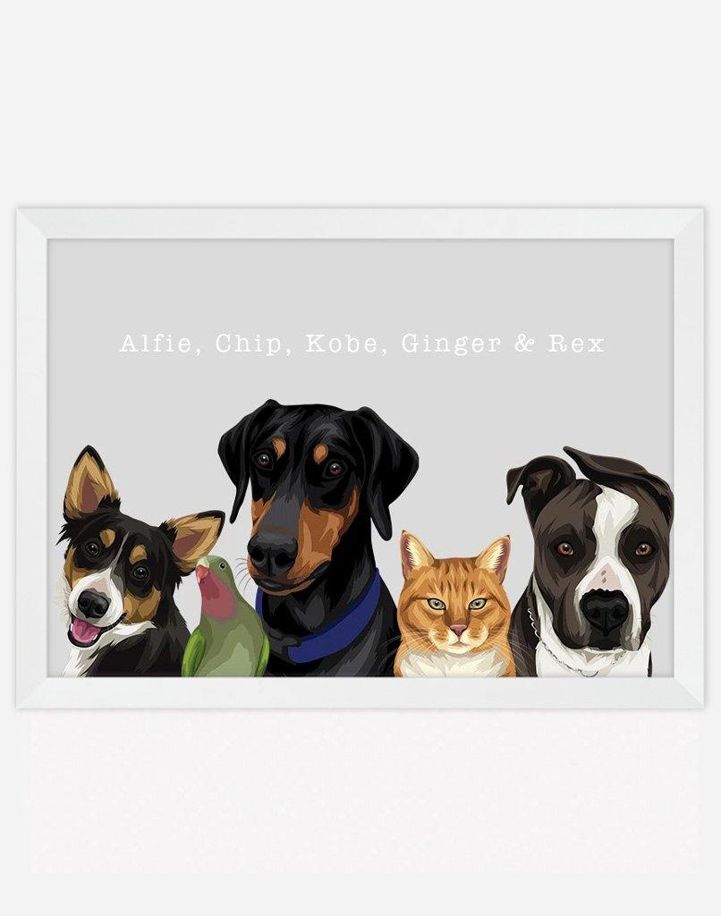 Custom Pet Portrait - Five Pet Portrait - A3 - Unframed - Australia