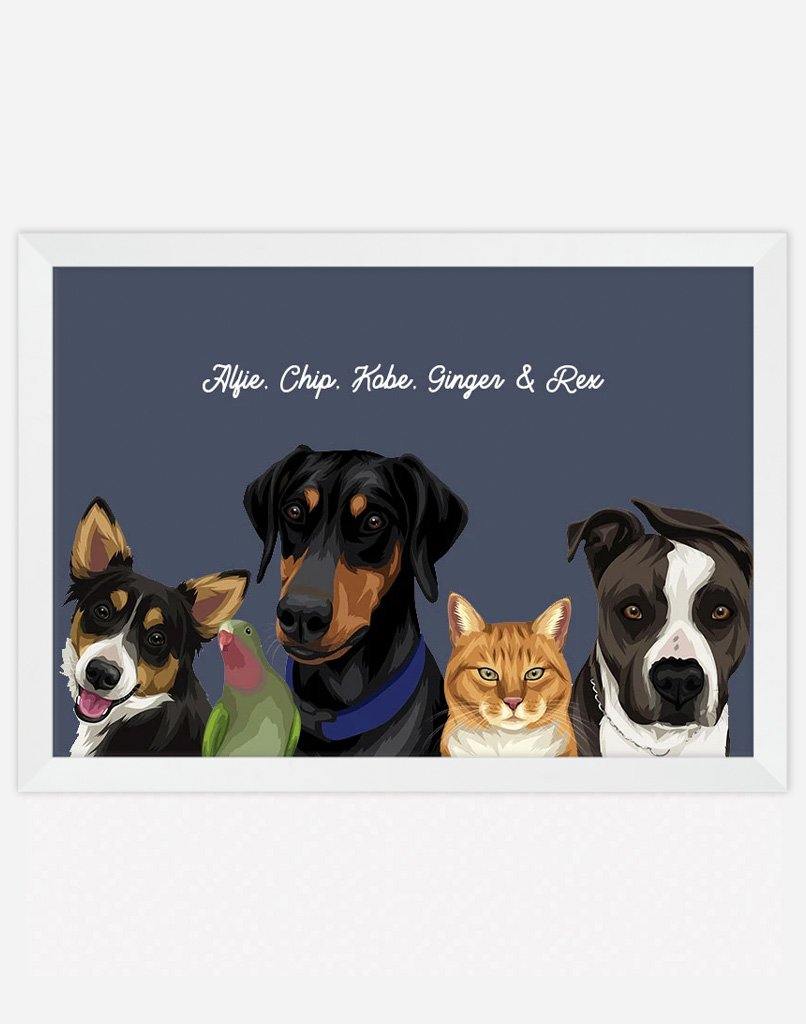 Custom Pet Portrait - Five Pet Portrait - A3 - Unframed - Australia