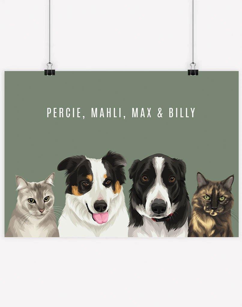 Custom Pet Portrait - Four Pet Portrait - A3 - Unframed - Australia