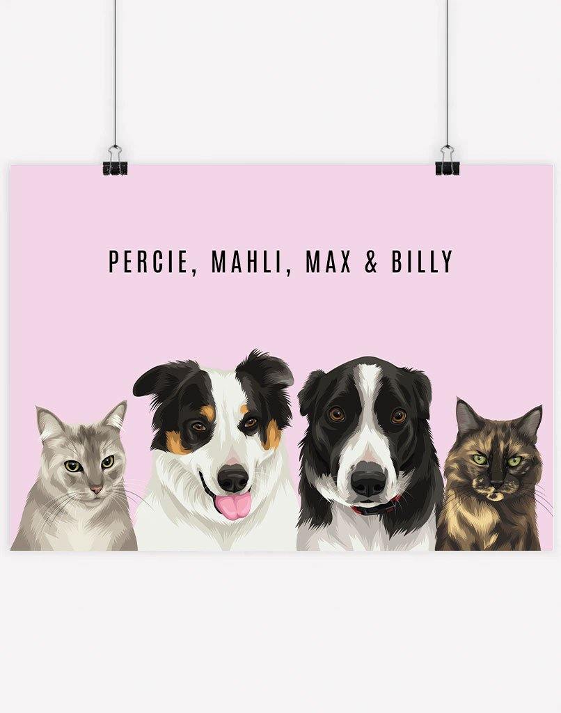 Custom Pet Portrait - Four Pet Portrait - A3 - Unframed - Australia