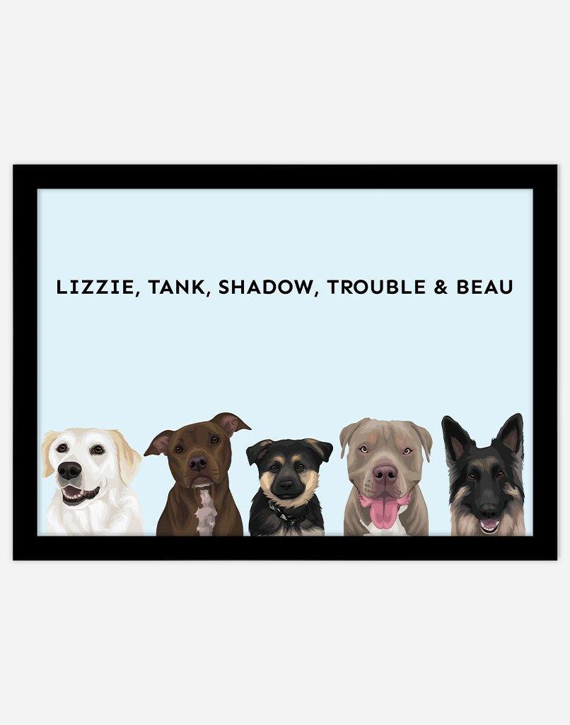 Custom Dog Portrait - A4 - Black Frame - 5 Dogs Australia