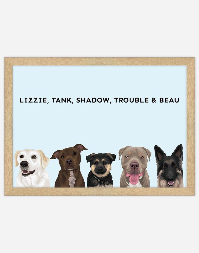 Custom Dog Portrait - A4 - Timber Frame - 5 Dogs Australia