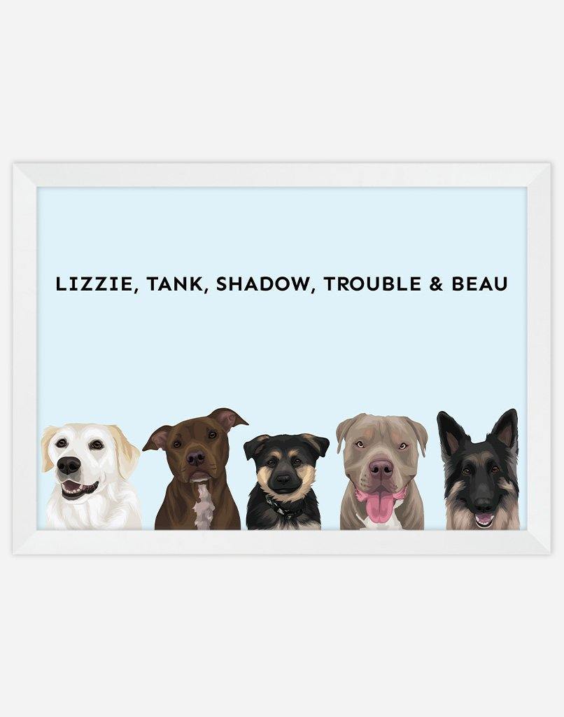 Custom Dog Portrait - A4 - White Frame - 5 Dogs Australia