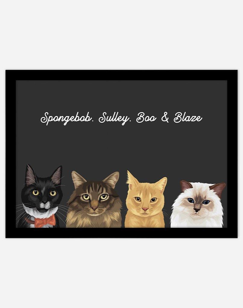 Custom Cat Portrait - A4 - Black Frame - 4 Cats Australia