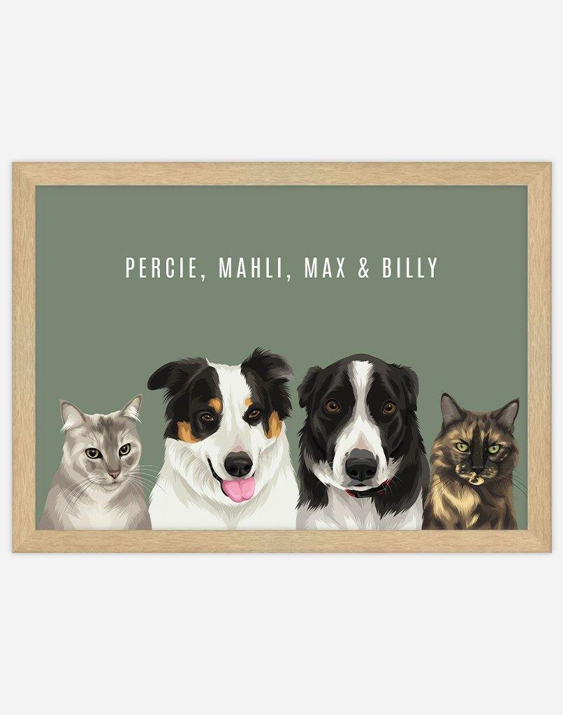 Custom Pet Portrait - Four Pet Portrait - A3 - Unframed - Australia