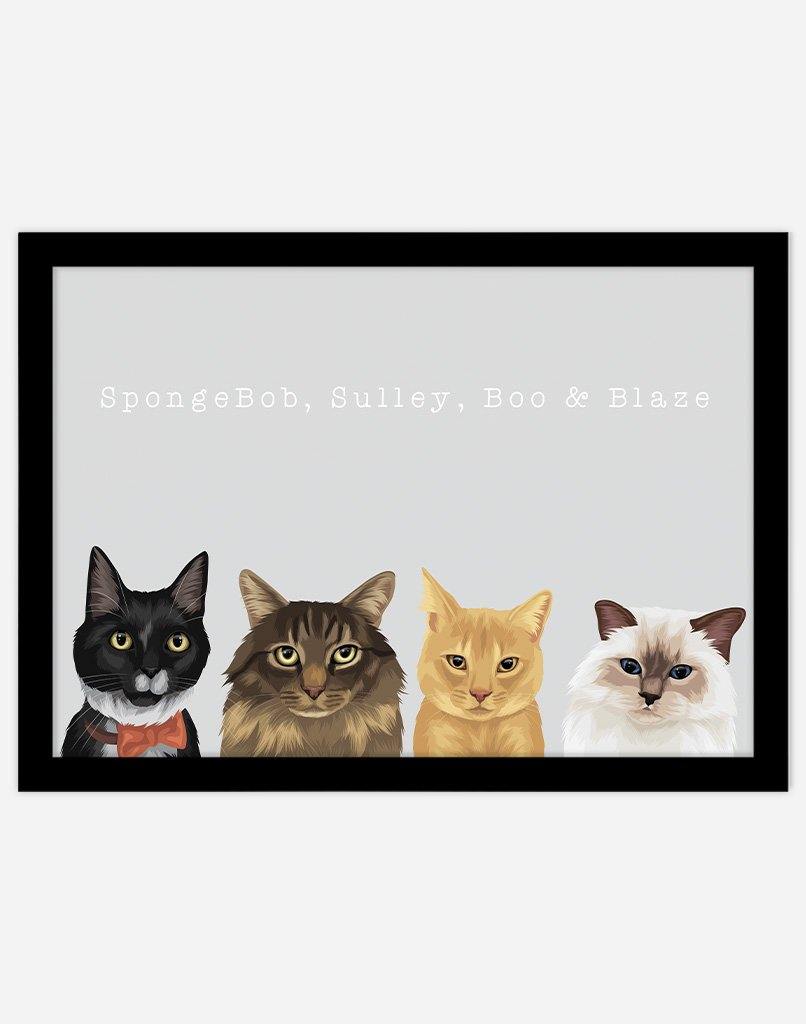 Custom Pet Portrait - Four Pet Portrait - A3 - Black Frame - Australia