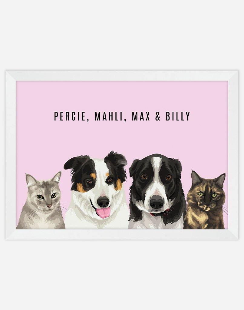 Custom Pet Portrait - Four Pet Portrait - A3 - White Frame - Australia