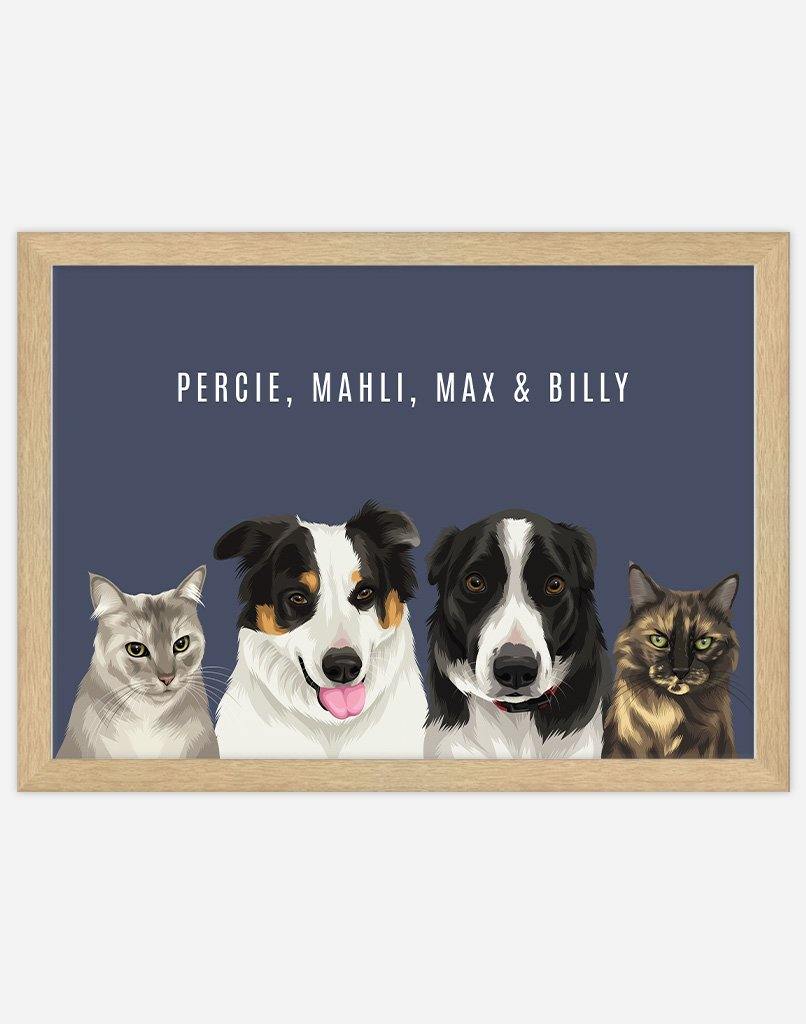 Custom Pet Portrait - Four Pet Portrait - A3 - Unframed - Australia