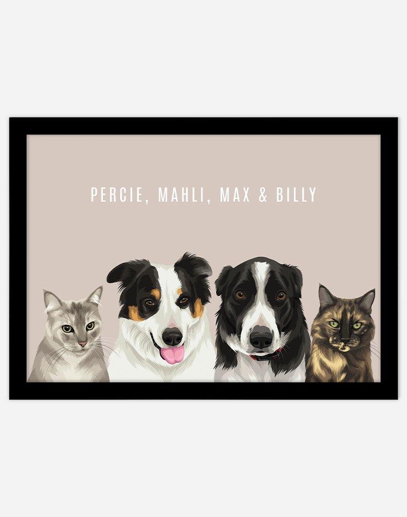 Custom Pet Portrait - Four Pet Portrait - A3 - Unframed - Australia