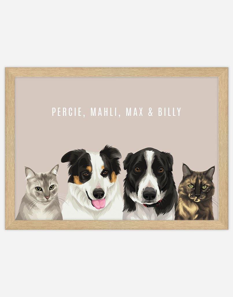 Custom Pet Portrait - Four Pet Portrait - A3 - Unframed - Australia