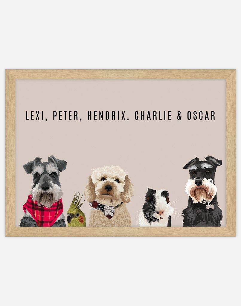 Custom Pet Portrait - Five Pet Portrait - A3 - Unframed - Australia