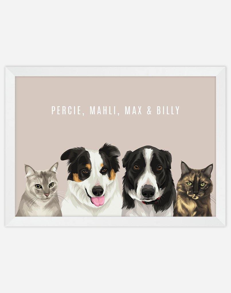 Custom Pet Portrait - Four Pet Portrait - A3 - Unframed - Australia