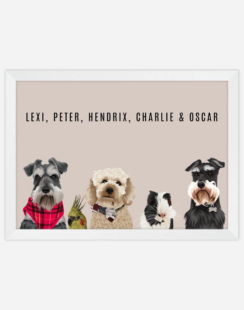Custom Pet Portrait - Five Pet Portrait - A3 - Unframed - Australia
