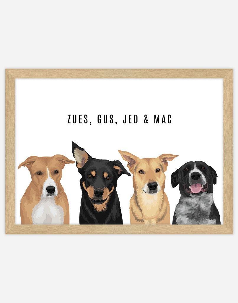 Custom Dog Portrait - A4 - Timber Frame - 4 Dogs Australia