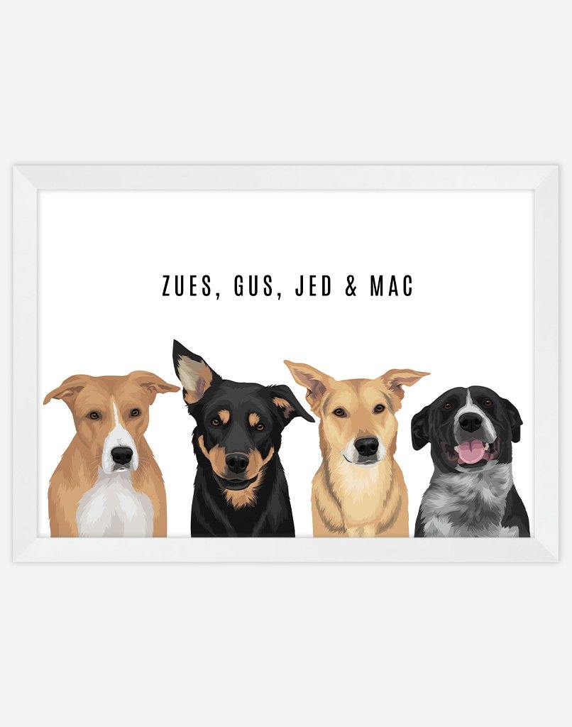 Custom Dog Portrait - A4 - White Frame - 4 Dogs Australia