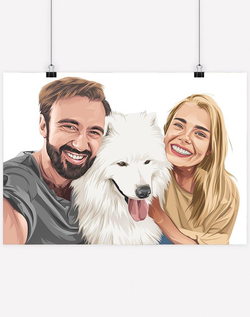 Custom Pet & Person Portrait - A3 - Unframed - 1 Pet & 2 People Australia