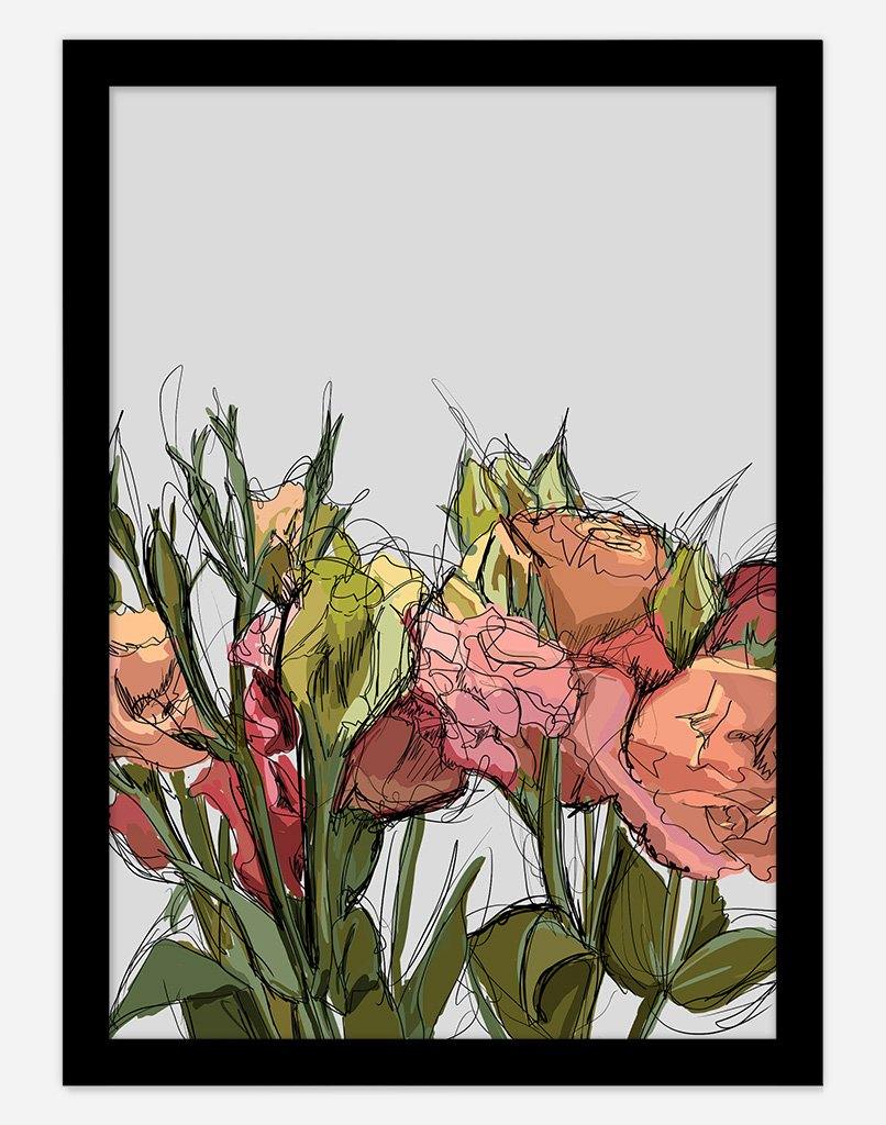 Flowers Sketch | Wall Art - A4 - Black Frame - Light Grey Australia