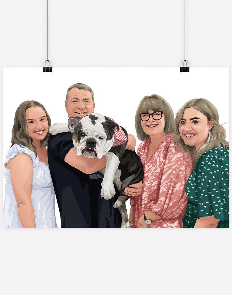 Custom Pet & Person Portrait - A3 - Unframed - 1 Pet & 4 People Australia