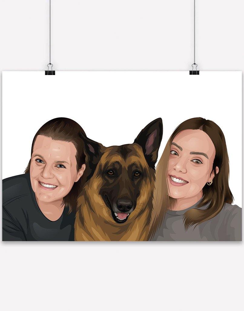 Custom Pet & Person Portrait - A3 - Unframed - 1 Pet & 3 People Australia