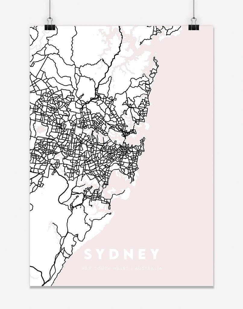 Sydney Map (Pink) | Wall Art - A4 - Unframed - Australia