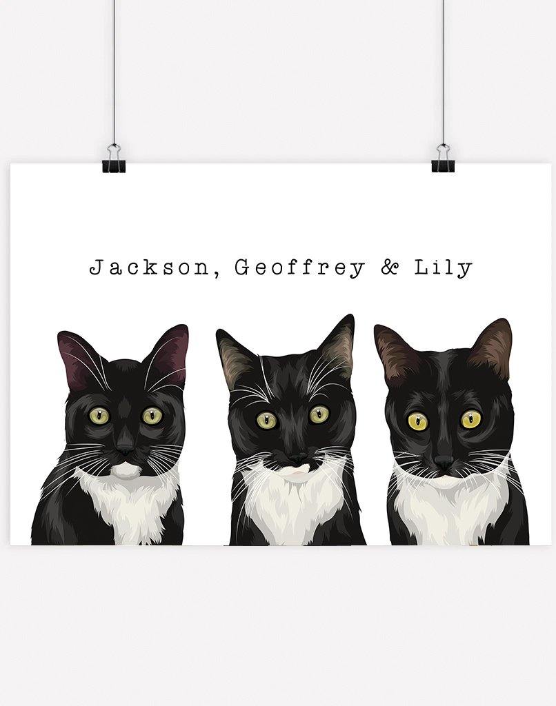 Custom Pet Portrait - Three Pets - A4 - Unframed - Australia