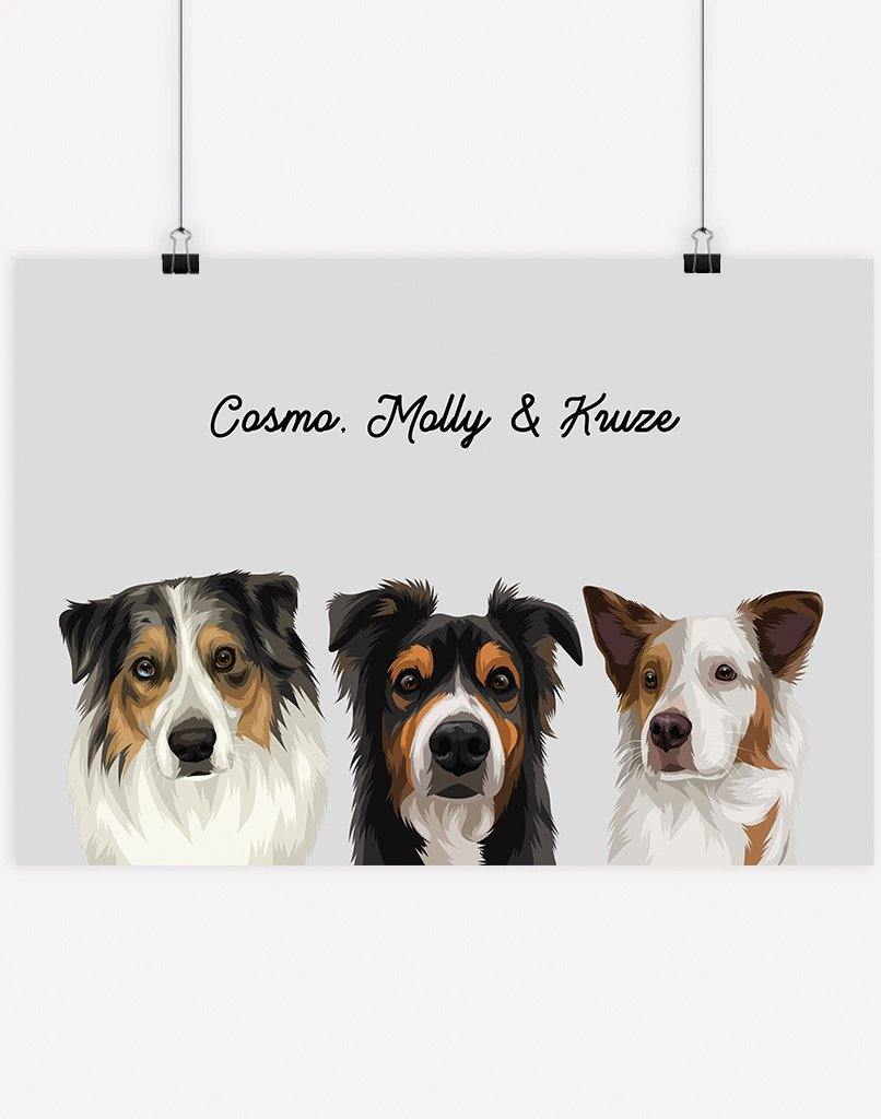 Custom Dog Portrait - A4 - Unframed - 3 Dogs Australia