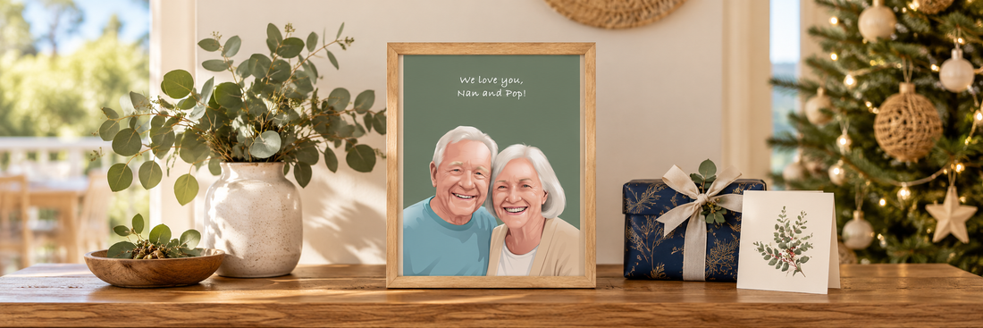 	Timber-framed Nan and Pop portrait beside a Christmas card and wrapped gift.