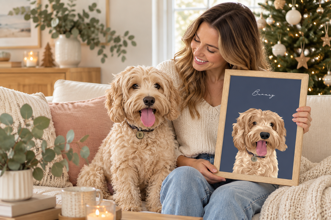 Pet lover with her dog and matching personalised Oh Barney pet portrait