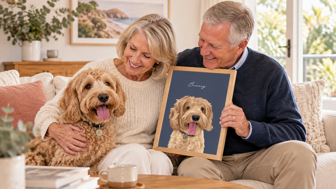 Grandparents holding a personalised dog portrait beside their family pet