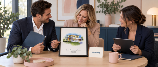Mortgage broker, conveyancer and buyer’s agent planning a personalised Oh Barney house portrait for a client