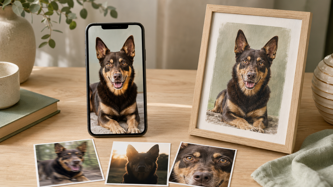 Clear dog reference photo beside unsuitable photo examples and a finished custom dog portrait