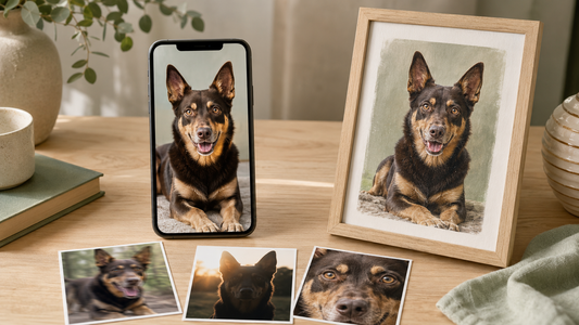 Clear dog reference photo beside unsuitable photo examples and a finished custom dog portrait