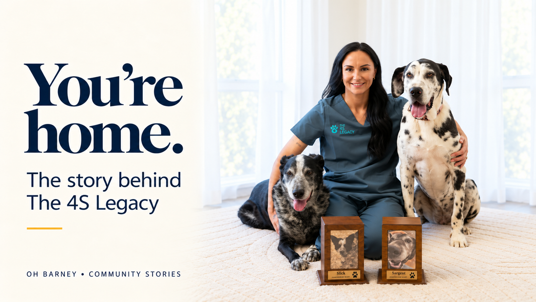 to repeat it inside the article.	Sophie Taiki with two dogs and memorial boxes for Slick and Sargent, beside the words “You’re home.”