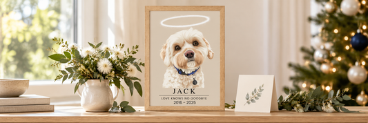 Timber-framed Jack memorial portrait beside a card and subtle Christmas greenery.