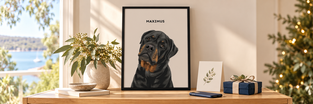 	Framed Maximus dog portrait beside a phone, Christmas card and wrapped gift.