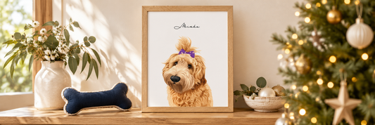 Timber-framed Misha dog portrait beside a fabric toy and Christmas tree.