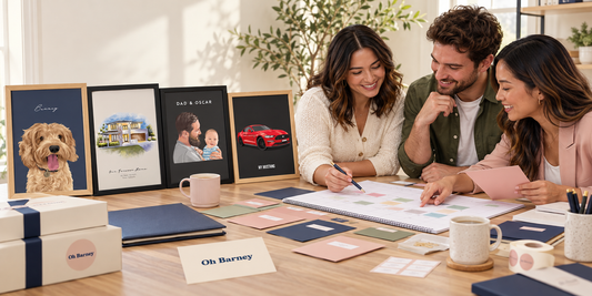 Australian business team organising personalised Oh Barney portraits for multiple gift recipients