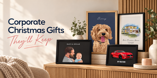 Personalised corporate Christmas gifts for Australian clients and employees, including pet, house, family and car portraits