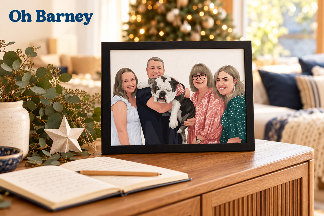Oh Barney family and dog portrait in a sunlit Christmas living room