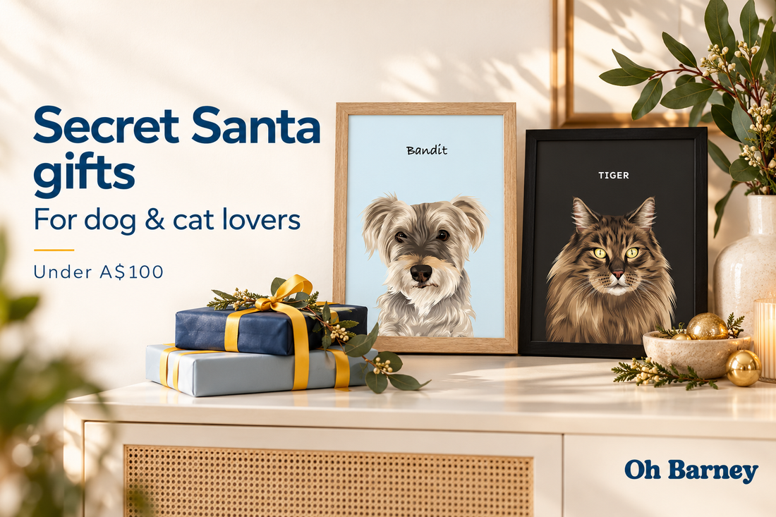 Oh Barney dog and cat portraits with wrapped Secret Santa gifts