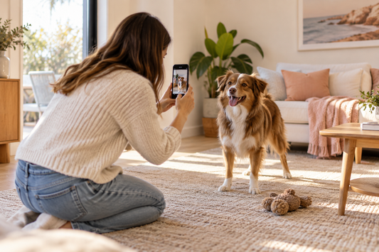 Owner photographing an energetic dog at eye level using a phone