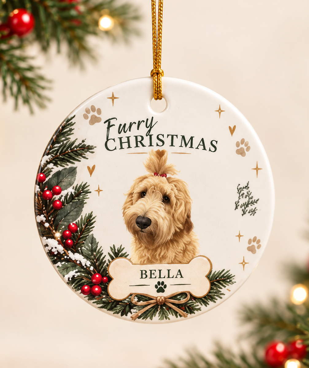 Personalised ceramic pet Christmas ornament featuring Bella in the Furry Christmas design, Australia