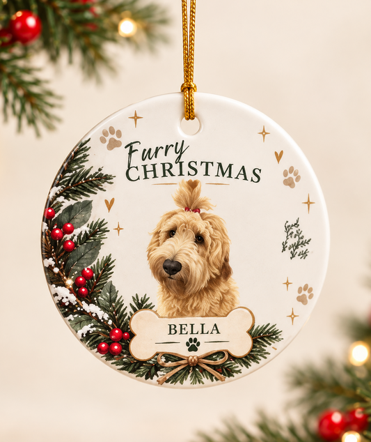 Personalised ceramic pet Christmas ornament featuring Bella in the Furry Christmas design, Australia