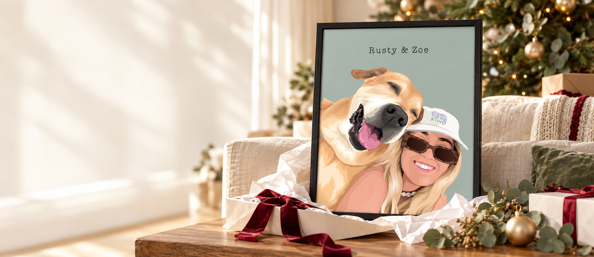 Custom pet portrait wall art, family with framed cat & dog, Oh Barney