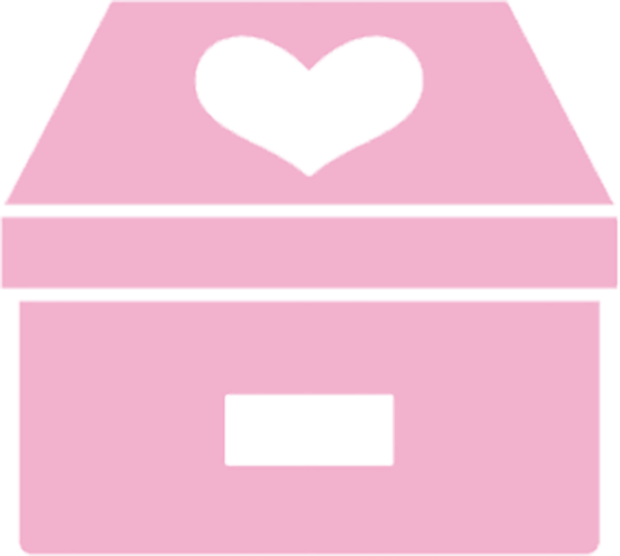 Pink box with a heart on top and a label at the bottom